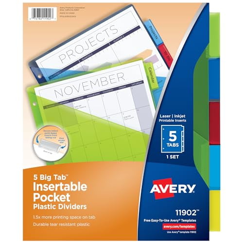 Avery Dividers for 3 Ring Binders, 5 Tab Binder Dividers, Plastic Binder Dividers with Pockets