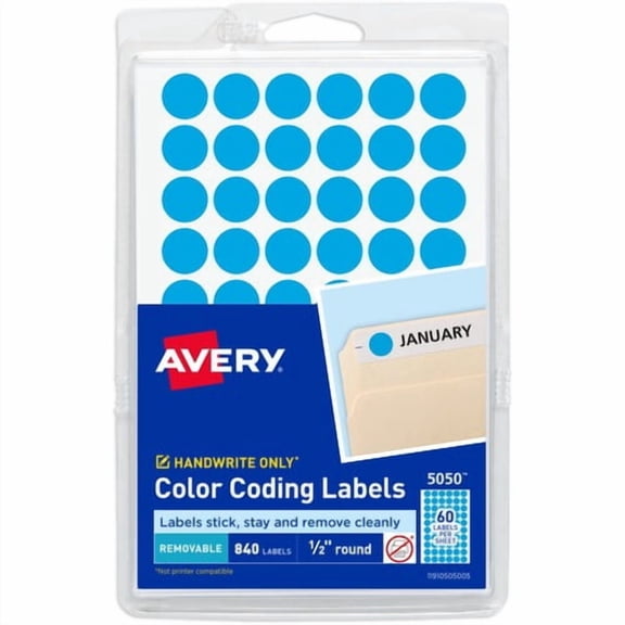 Avery® Dot Stickers, 1/2" Diameter, Light Blue, 840 Total (5050), Removable Adhesive, Round, Matte, Paper (05050) | 2 Packs (1680 Total)