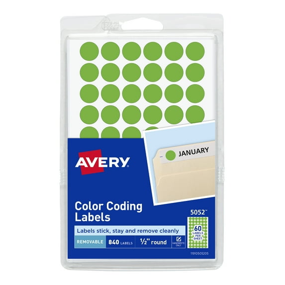 Avery Color-Coding Removable Labels, 1/2" Round Stickers, Neon Green, Non-Printable, 840 Dot Stickers Total (5052)