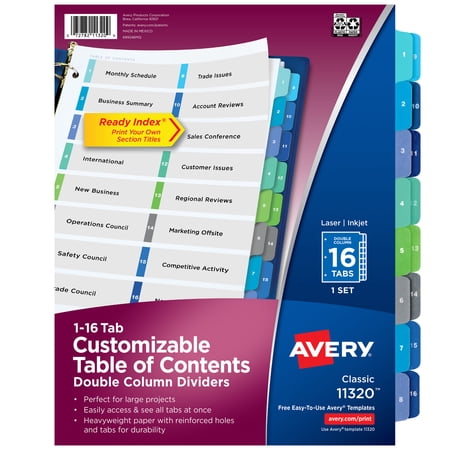 Avery - Ready Index Table of Contents Double Column Paper Dividers, 1-16 Tabs - Multicolor