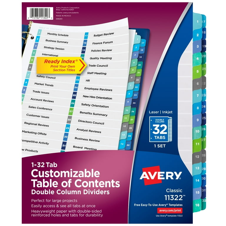 Customizable TOC Ready Index Double Column Multicolor Tab Dividers, 32-Tab, 1 to 32, 11 x 8.5, White, 1 Set