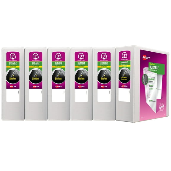Avery Durable Clear View 3 Ring Binders, 3 inch EZD Rings, 1 White Binder (09701) - 6 Pack