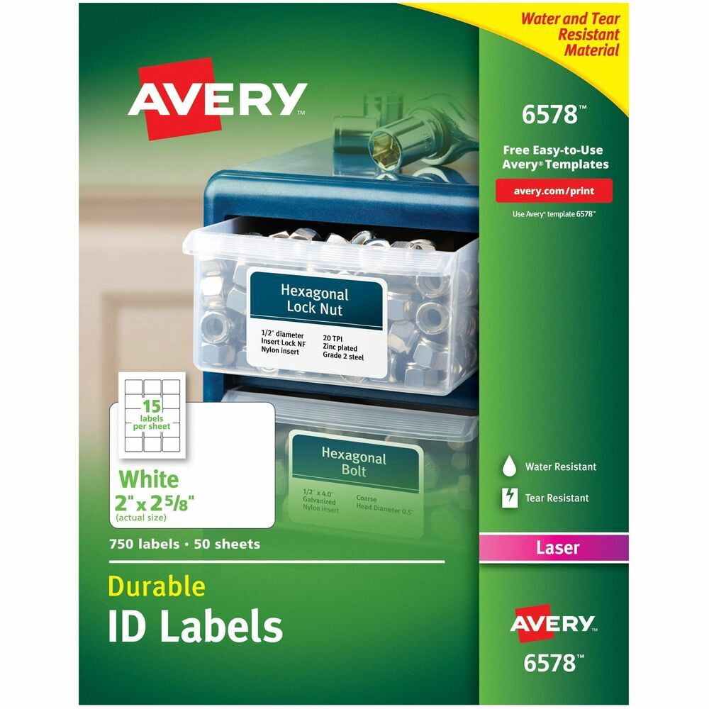 Avery Durable ID Labels, Permanent Adhesive, 2" x 2-5/8", 750 Labels
