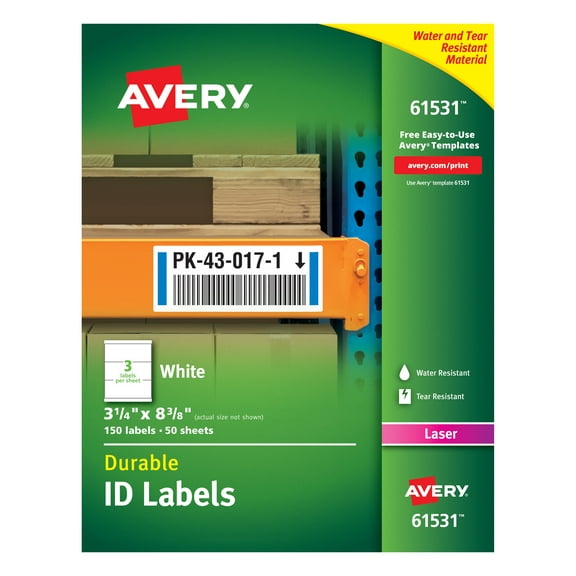 Avery Durable ID Labels, TrueBlock Technology, Permanent Adhesive, 3-1/4" x 8-3/8", 150 Labels (61531)
