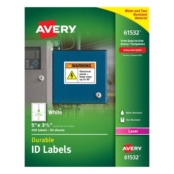 Avery Durable ID Labels, TrueBlock Technology, Permanent Adhesive, 5" x 3-1/2", 200 Labels (61532)