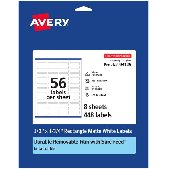 Avery Durable Removable Rectangle Labels, 0.5" x 1.75", 448 Labels