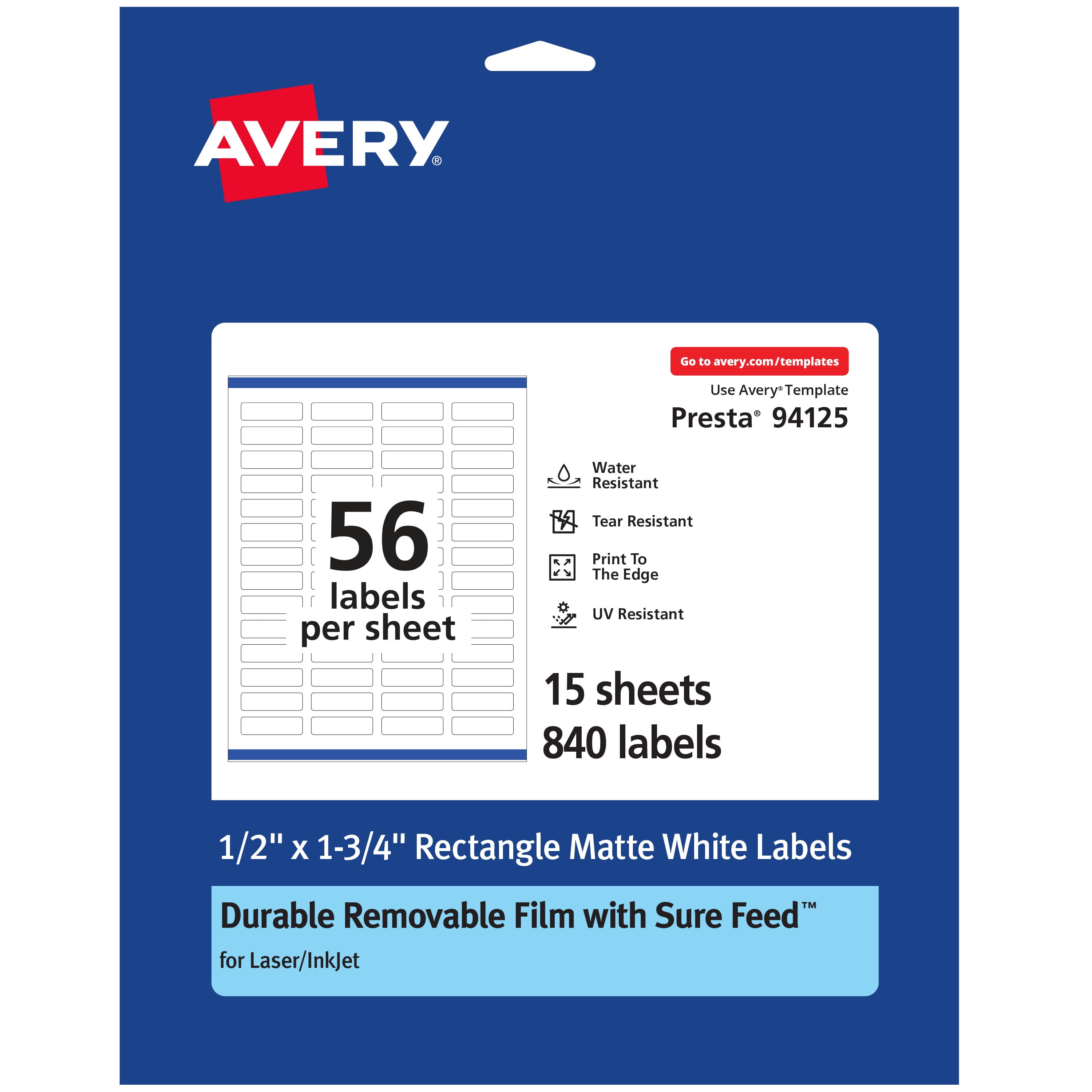 Avery Durable Removable Rectangle Labels, 0.5" x 1.75", 840 Labels