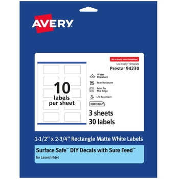 Avery Durable Removable Rectangle Labels, 1.5" x 2.75", 30 Labels