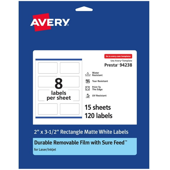 Avery Durable Removable Rectangle Labels, 2" x 3.5", 120 Labels