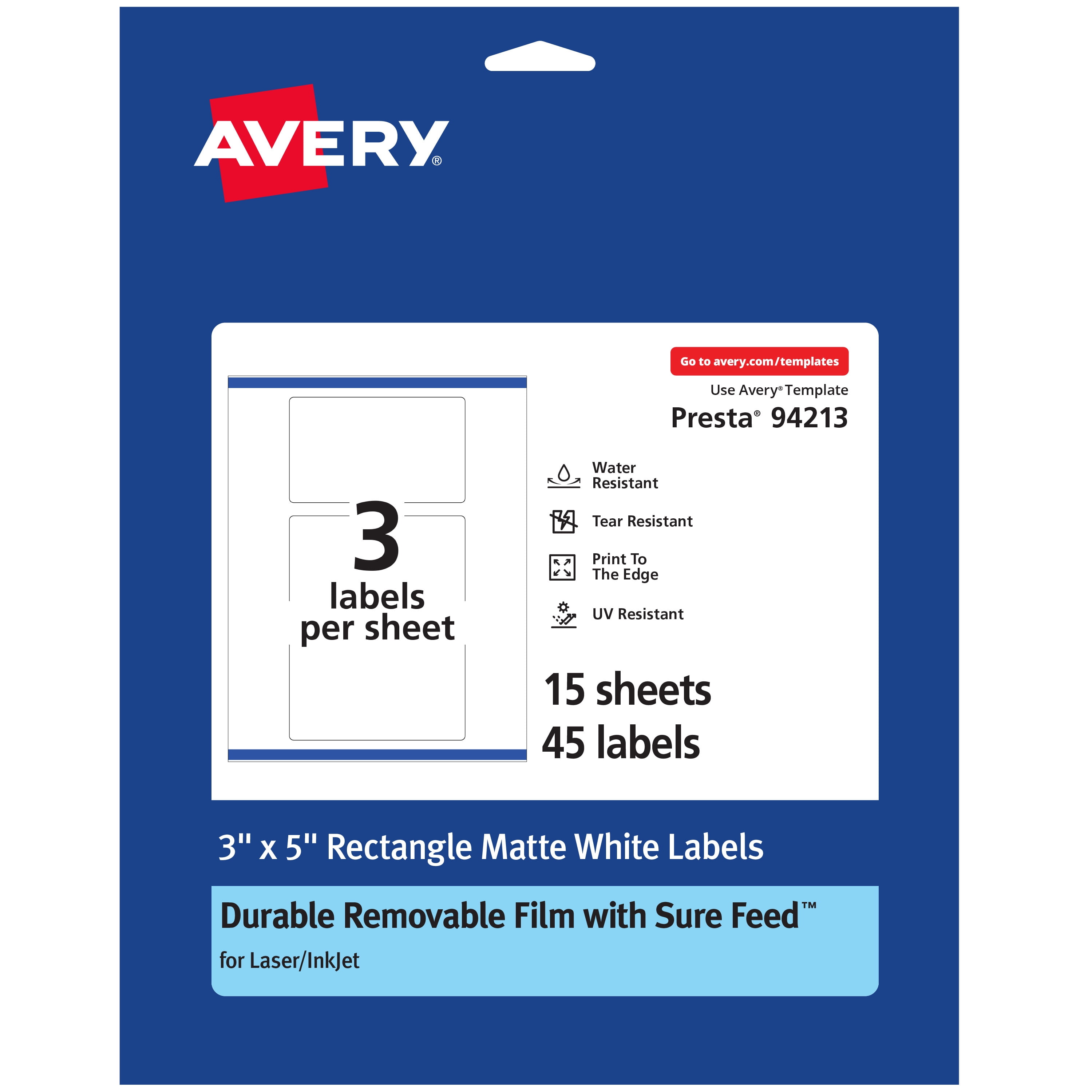 Avery Durable Removable Rectangle Labels, 3" x 5", 45 Labels - Walmart.com
