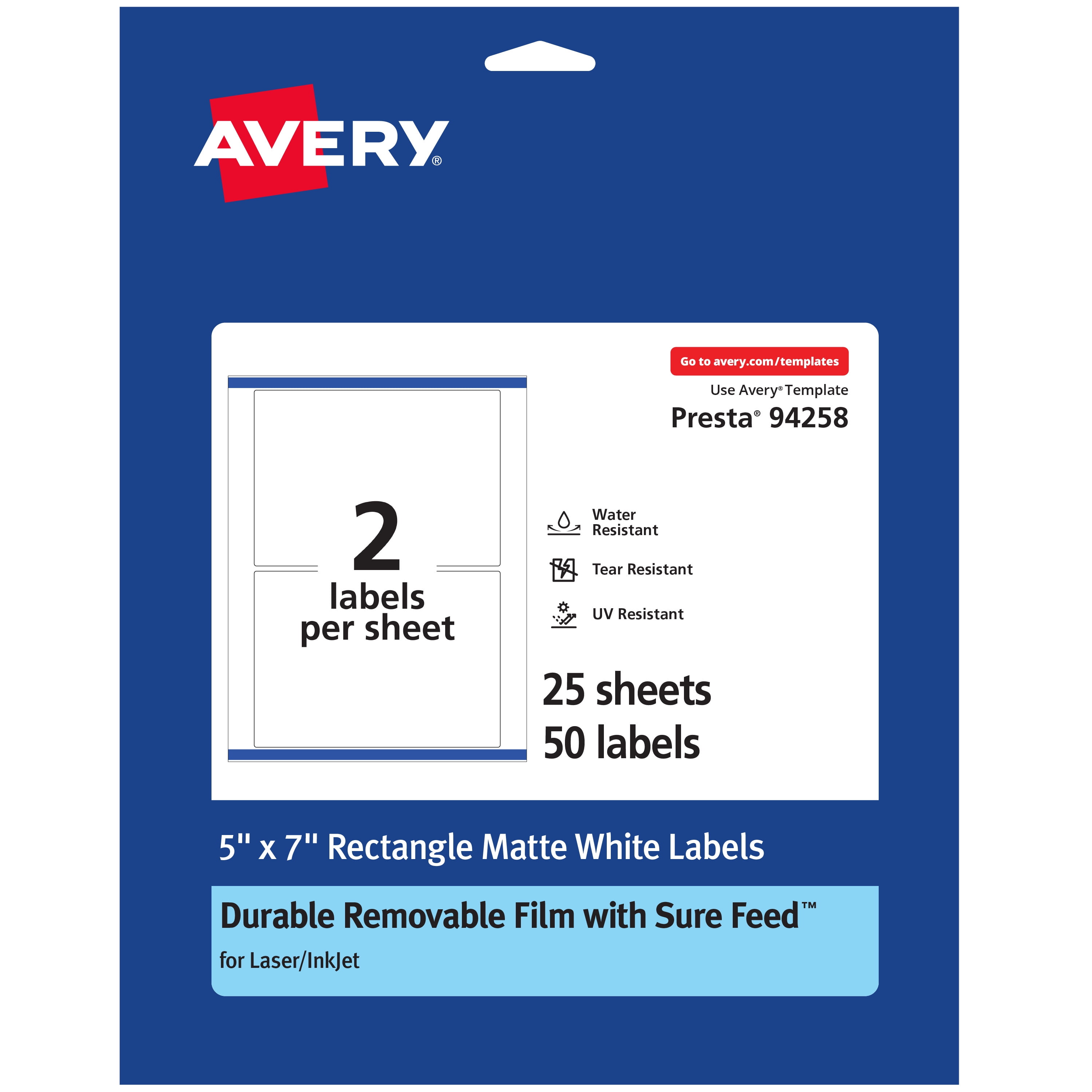 Avery Durable Removable Rectangle Labels, 5" x 7", 50 Labels