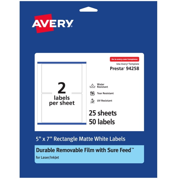 Avery Durable Removable Rectangle Labels, 5" x 7", 50 Labels