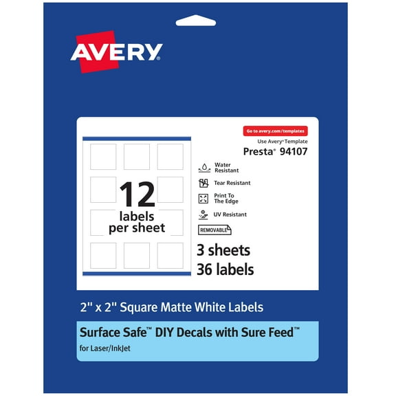Avery Durable Removable Square Labels, 2" x 2", 36 Labels
