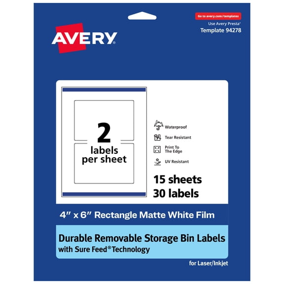 Avery Durable Removable Storage Bin Labels, 4" x 6", 30 Labels