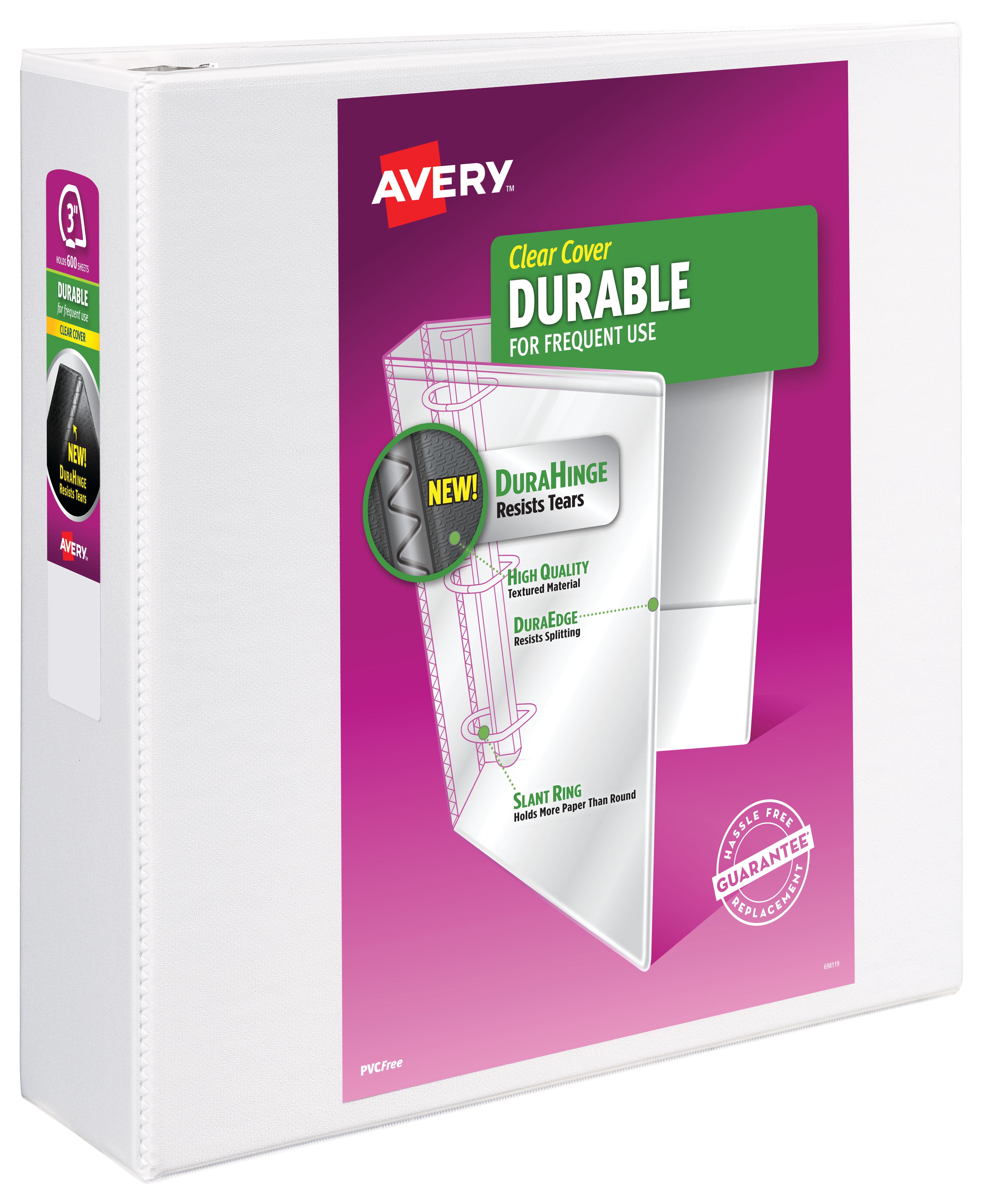 Avery Durable View 3 Ring Binder, 3" Slant Rings, 1 White Binder