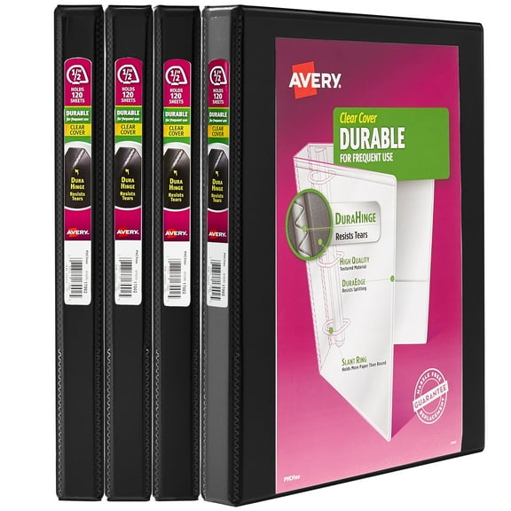 Avery Durable View 3 Ring Binders, 0.5" Slant Rings, 135-Sheet Capacity, 0.7 inch Wide Spine, Great for Home, School Supplies, Office, or Organization Needs, Black Binders (4-Pack of 05736)