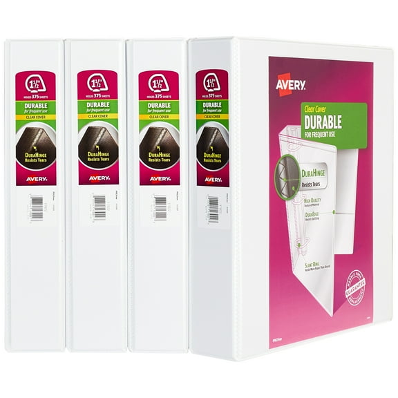 Avery Durable View 3 Ring Binders, 1.5" Slant Rings, 4 White Binders