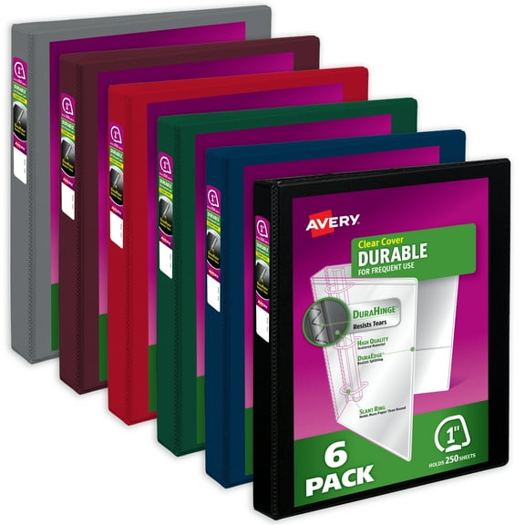Avery Durable View 3 Ring Binders, 1 inch Slant Rings, 250-Sheet Capacity, DuraHinge, 1.4 inch Wide Spine, Customizable Clear Covers and Spine, Assorted Dark Colors (6-Pack of 05633)