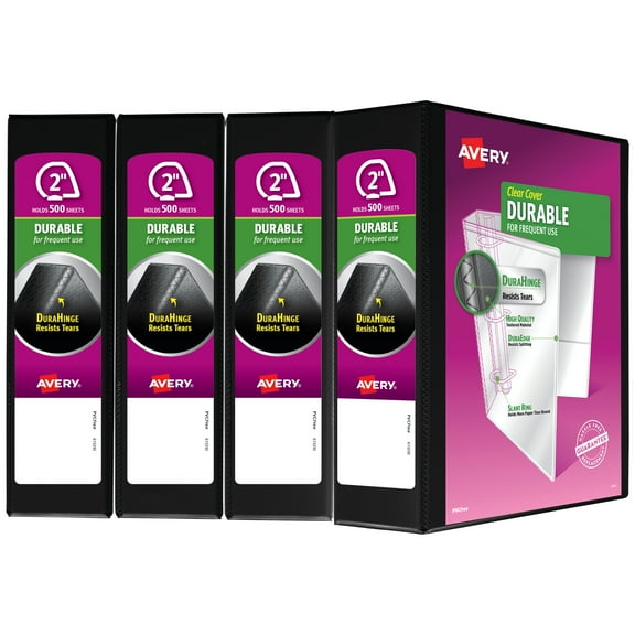 Avery Durable View 3 Ring Binders, 2" Slant Rings, 4 Black Binders