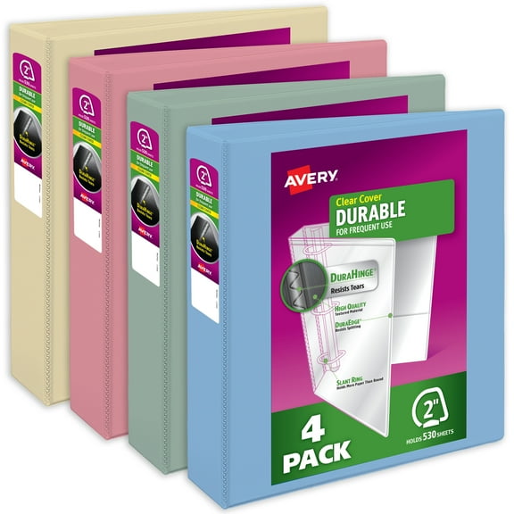 Avery Durable View 3 Ring Binders, 2 inch Slant Rings, 530-Sheet Capacity, DuraHinge, 2.8 inch Wide Spine, Customizable Clear Covers and Spine, Assorted Pastel Colors (4-Pack of 05636)