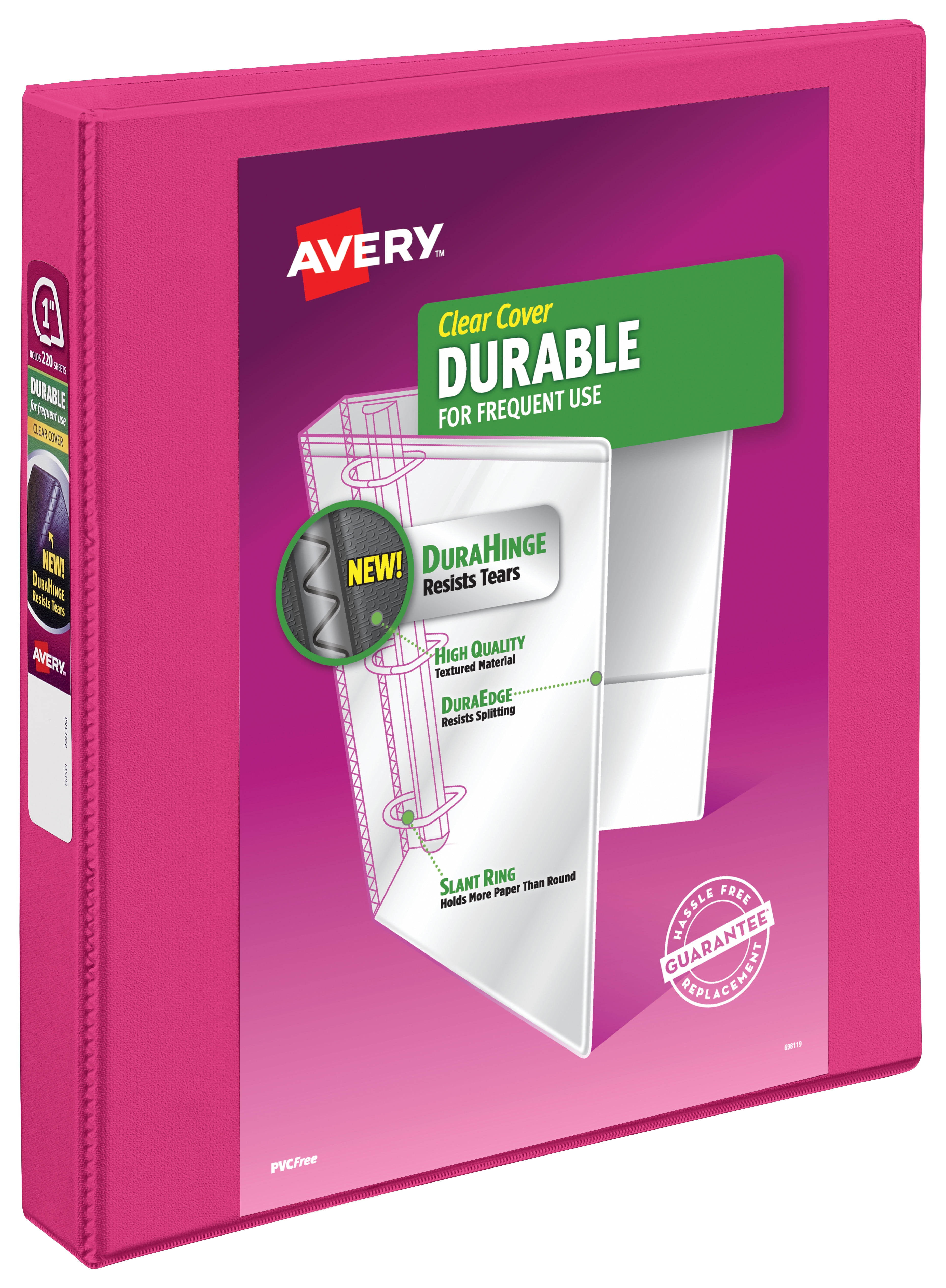 Avery Durable View Binder, 1" Slant Rings, 220-Sheet Capacity, DuraHinge, Pink (17830)