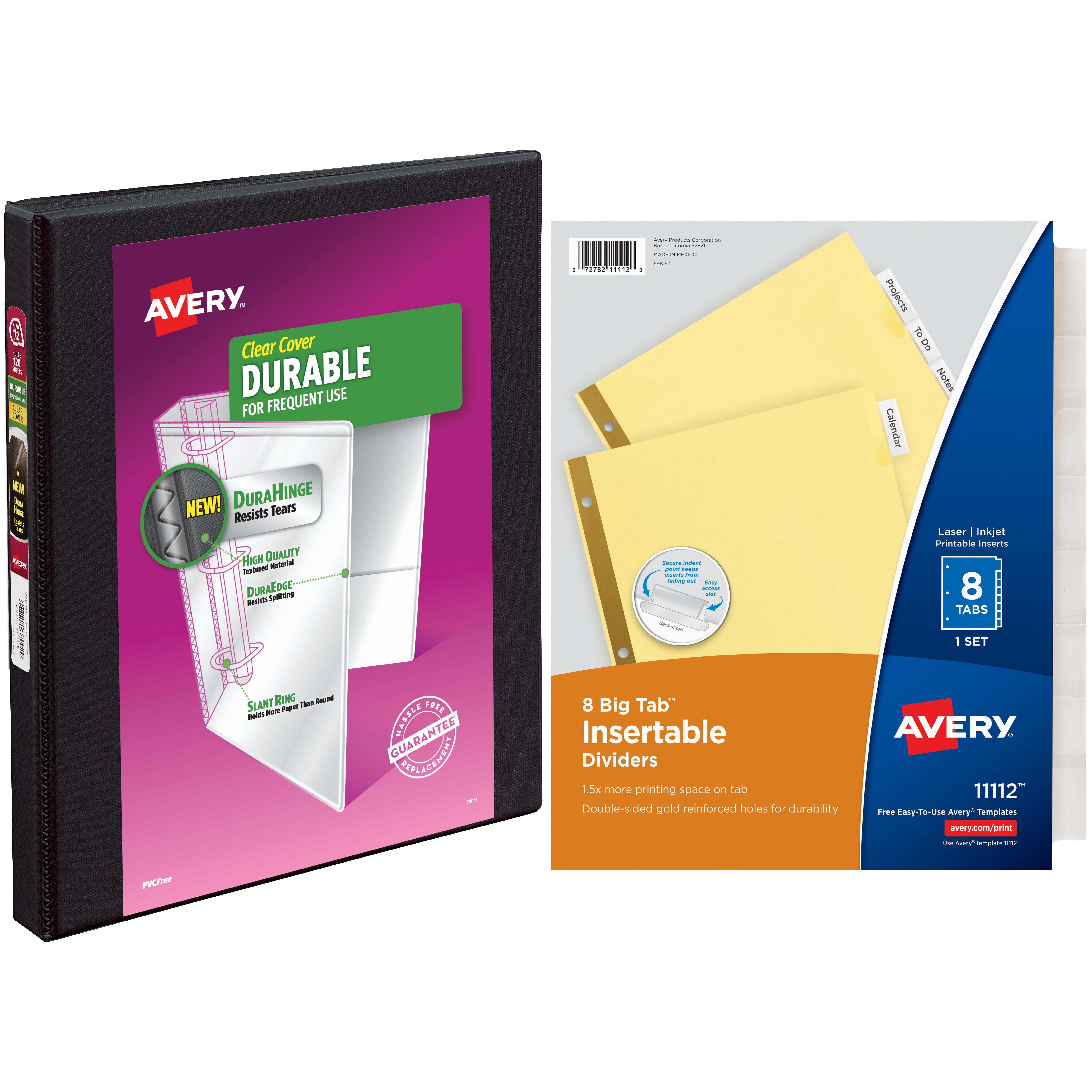 Avery Durable View Binder with Slant Rings, 1/2" Capacity, Black with Avery WorkSaver Insertable Tab Index Dividers, 8-Tab, Clear, 24-Pack Bundle