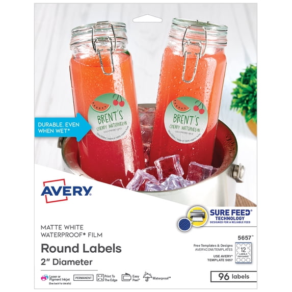 Avery Durable Waterproof Labels, 2" Diameter, 96 Labels (5657)