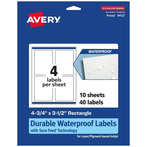 Avery Durable Waterproof Rectangle Labels, 4.75" x 3.5", 40 Total