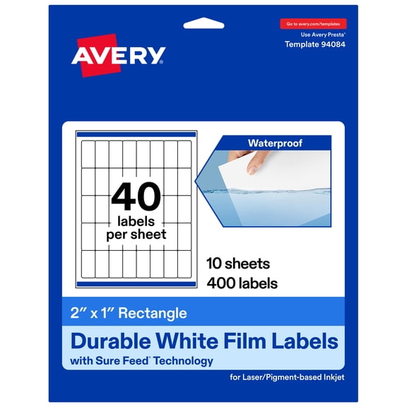 Avery® Durable White Rectangle Labels, 2" x 1", 400 Total