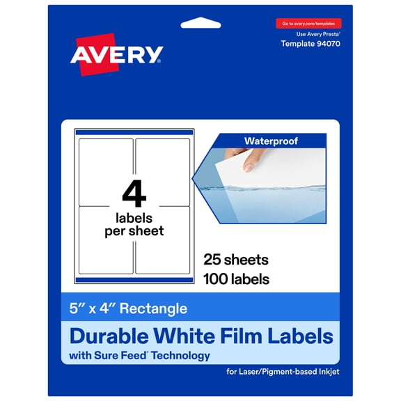 Avery® Durable White Rectangle Labels, 5" x 4", 100 Total