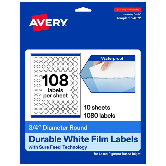 Avery® Durable White Round Labels, 0.75" Diameter, 1080 Total