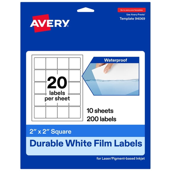 Avery® Durable White Square Labels, 2" x 2", 200 Total
