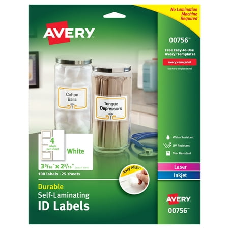 Avery Easy Align Self-Laminating ID Labels, Permanent Adhesive, 2-5/16" x 3-5/16", 100 Labels (00756)