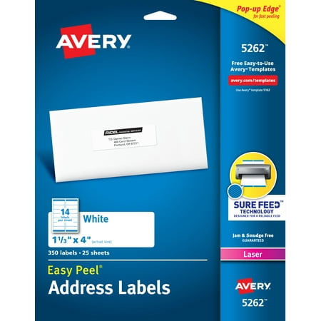 Avery Easy Peel Address Labels, 1-1/3" x 4", 350 Labels (5262)