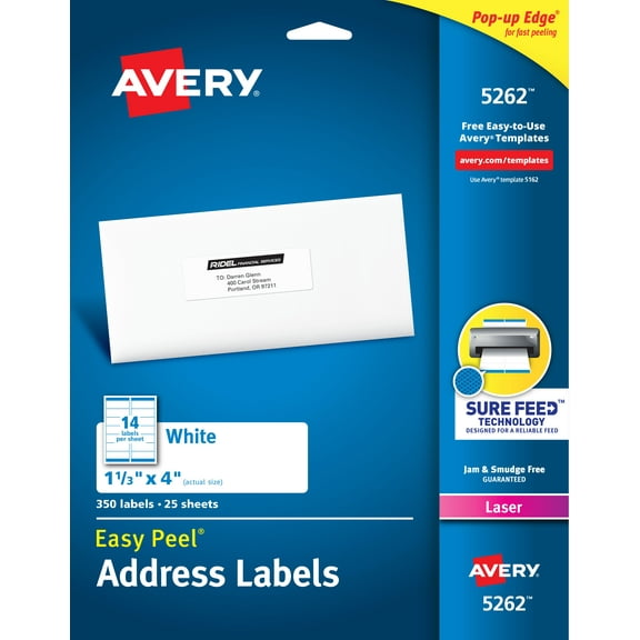 Avery Easy Peel Address Labels, 1-1/3" x 4", 350 Labels (5262)