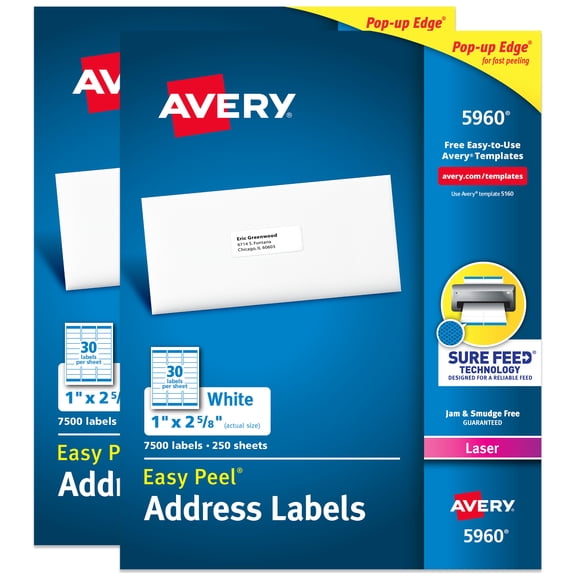 Avery Easy Peel  Address Labels, 1" x 2-5/8", White, 7,500 Labels (5960) - 2 Pack