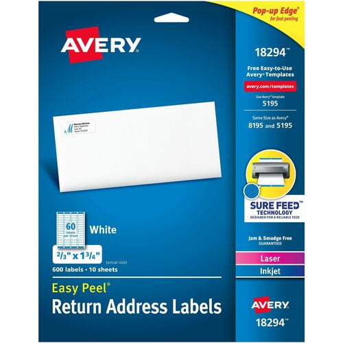 Avery® Easy Peel Address Labels, 2/3" x 1-3/4", 600 Labels (18294), x 21/32" Width x 1 3/4" Length, Permanent Adhesive, Rectangle, Inkjet, Laser | 5 Cartons
