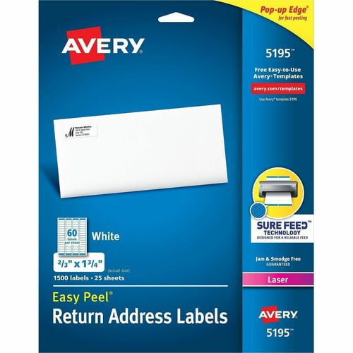 Avery® Easy Peel Address Labels, 2/3"x1-3/4" 1,500 Labels (5195), x 2/3" Width x 1 3/4" Length, Permanent Adhesive, Rectangle, Laser, Matte White | 2 Packs (3000 Total)