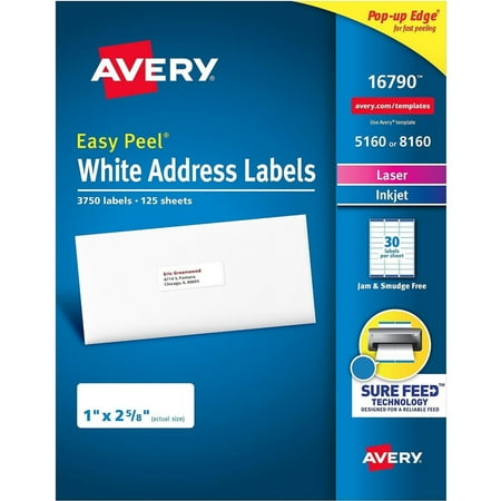 Avery Easy Peel Address Labels Permanent Adhesive 1" x 2-5/8" 3750 Labels