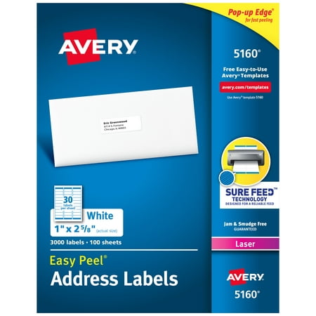 Avery Easy Peel Address Labels, Sure Feed Technology, Permanent Adhesive, 1" x 2-5/8", 3,000 Labels (5160)