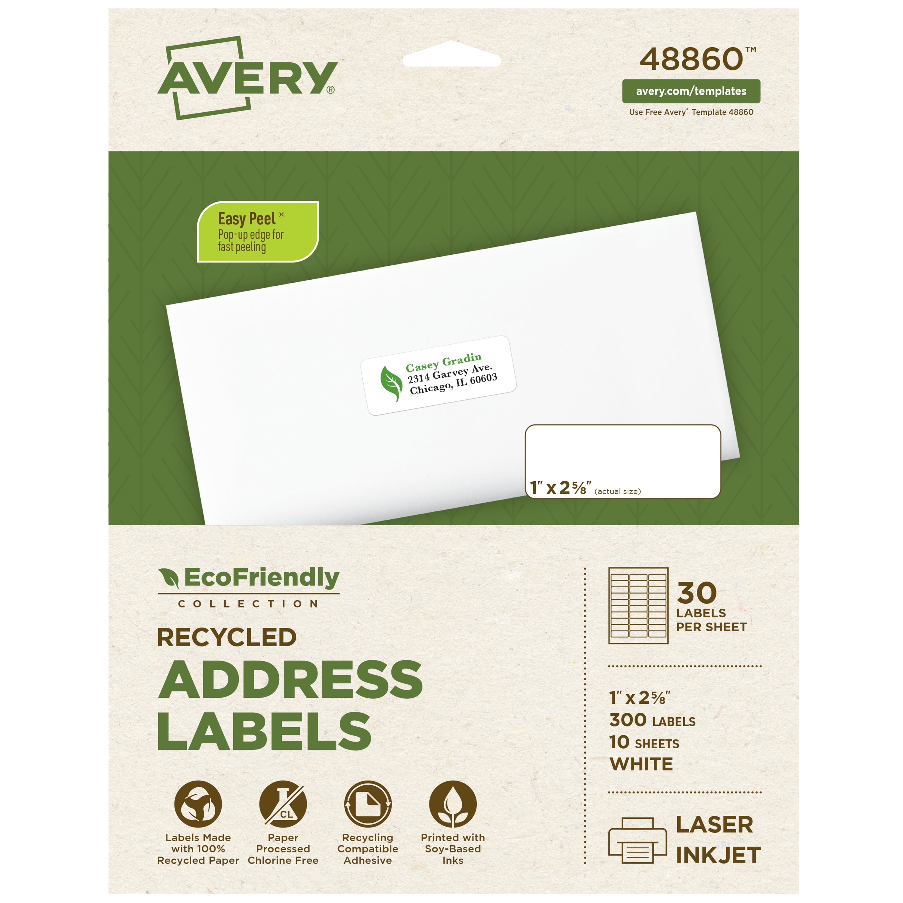 Avery Easy Peel Address Label, Permanent Adhesive, 1" x 25/8", 300
