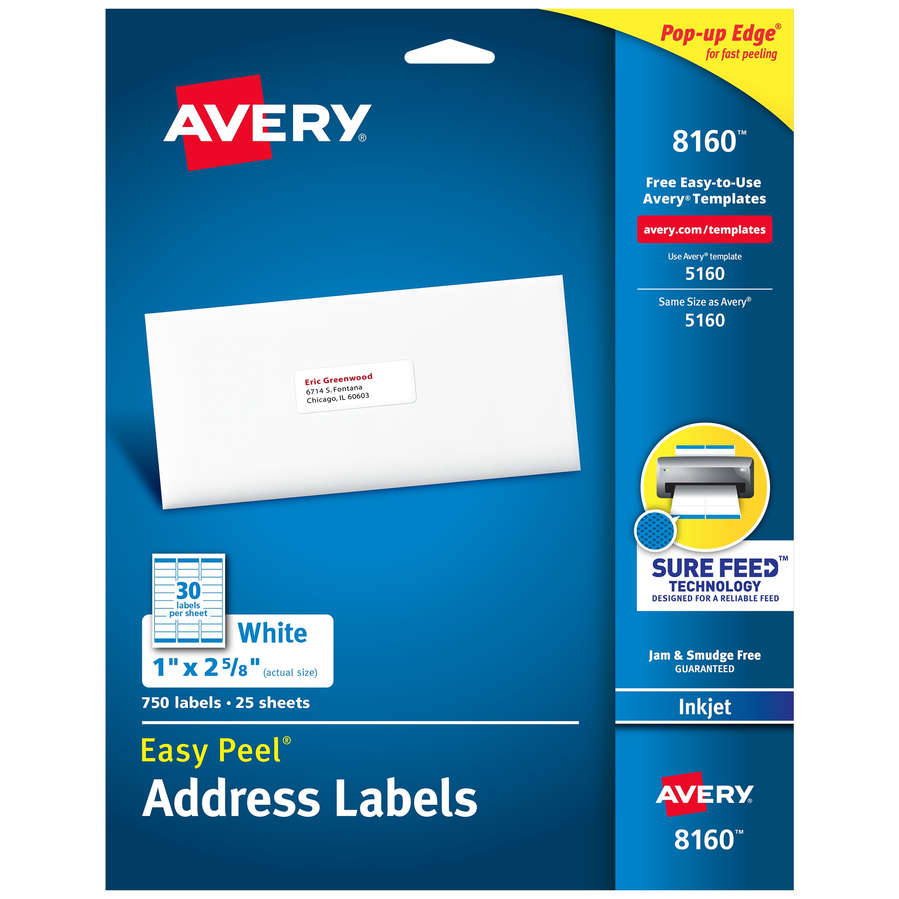 Avery Easy Peel Address Labels, Sure Feed Technology, Permanent Adhesive,  1" x 2-5/8", 750 Labels (8160) - Walmart.com