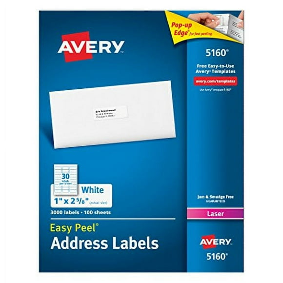 Avery Easy Peel Address Labels for Laser Printers 1" x 2-5/8", Box of 3,000 (5160)
