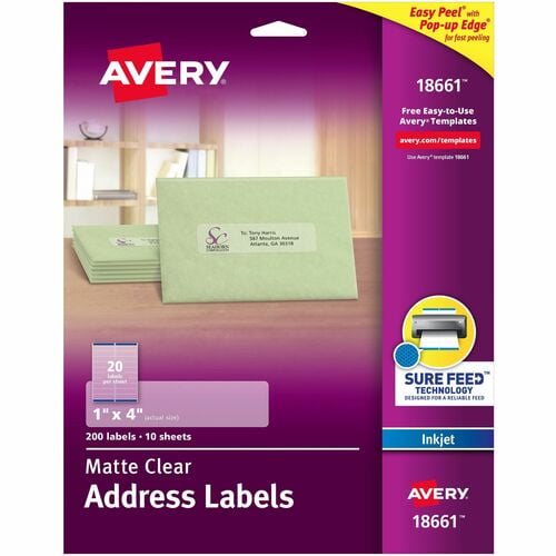 Avery® Easy Peel Inkjet Printer Mailing Labels, 1" Width x 4" Length, Permanent Adhesive, Rectangle, Matte Clear, Film (18661) | 2 Packs (400 Total)