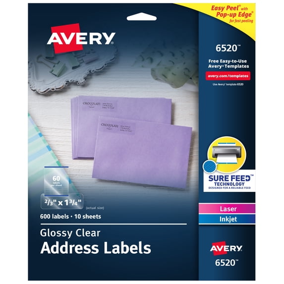 Avery Easy Peel Labels 2/3" x 1-3/4", 600 Glossy Clear Labels (6520)