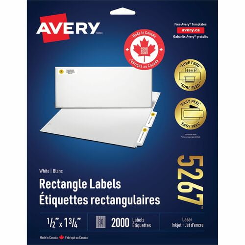 Avery® Easy Peel Return Address Labels, 1/2"x1-3/4" 2,000 Labels (5267), x 1/2" Width x 1 3/4" Length, Permanent Adhesive, Rectangle, Laser, Matte | 2 Packs (4000 Total)