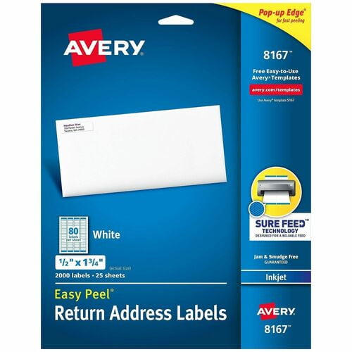 Avery® Easy Peel Return Address Labels, 1/2"x1-3/4" 2,000 Labels (8167), x 1/2" Width x 1 3/4" Length, Permanent Adhesive, Rectangle, Inkjet, Matte | 2 Packs (4000 Total)
