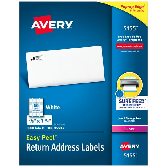 Avery Easy Peel Return Address Labels, 2/3"x1-3/4" 6,000 Labels (5155)