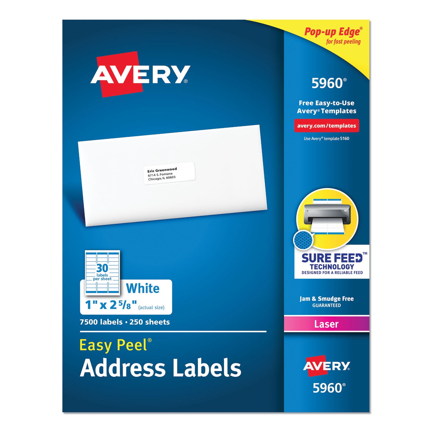 Avery Easy Peel White Address Labels w/ Sure Feed Technology Laser Printers, 1 x 2.63, White, 30/Sheet, 250 Sheets/Pack