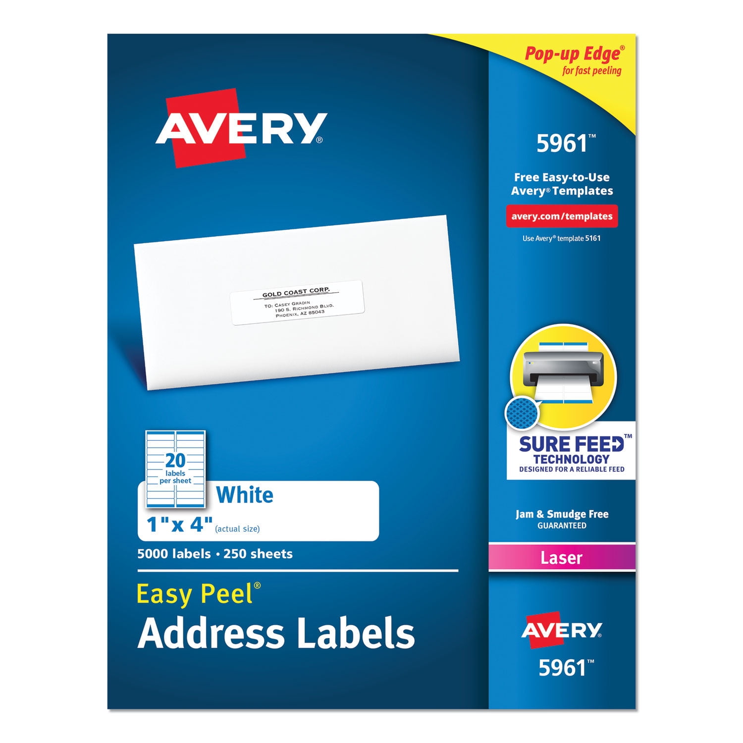 Avery Easy Peel White Address Labels w/ Sure Feed Technology Laser Printers, 1 x 4, White, 20/Sheet, 250 Sheets/Box